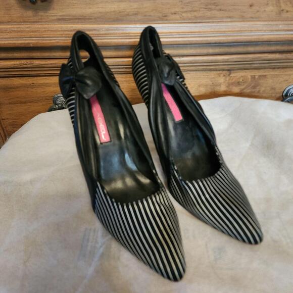 EUC C Label Black White fabric w leather heels striped so fun 10 - Picture 1 of 11